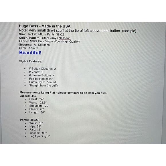 Hugo Boss 44L 38x29 Steel Gray Nailhead 2 Piece Quality Suit Set Virgin Wool - Picture 9 of 16